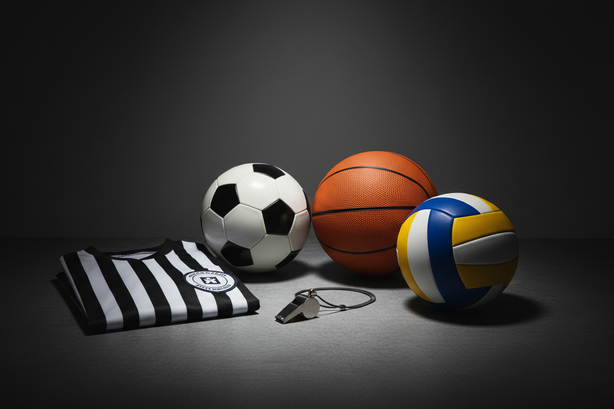 Image de sifflet, ballons de sport et chandail d'arbitre